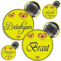 Button -- XXX der Braut / des Bräutigams -- gelb