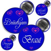Button -- XXX der Braut / des Bräutigams -- blau