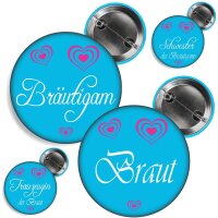 Button -- XXX der Braut / des Bräutigams -- hellblau