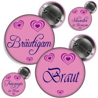 Button -- XXX der Braut / des Bräutigams -- rosa